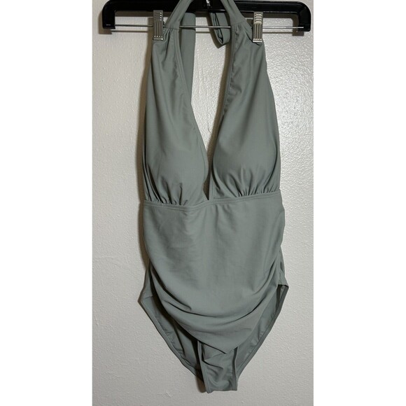 Jess Lea One Piece Bathing Suit Sage Green Ruched Sides Halter Top Size Large - Picture 1 of 8